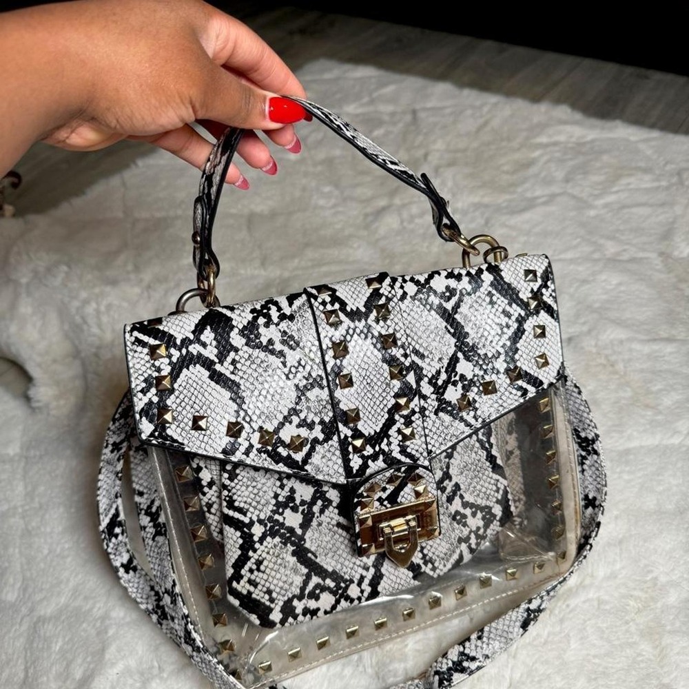 Snake Print Studded Clear Panel Handbag with Removable Pouch White Black